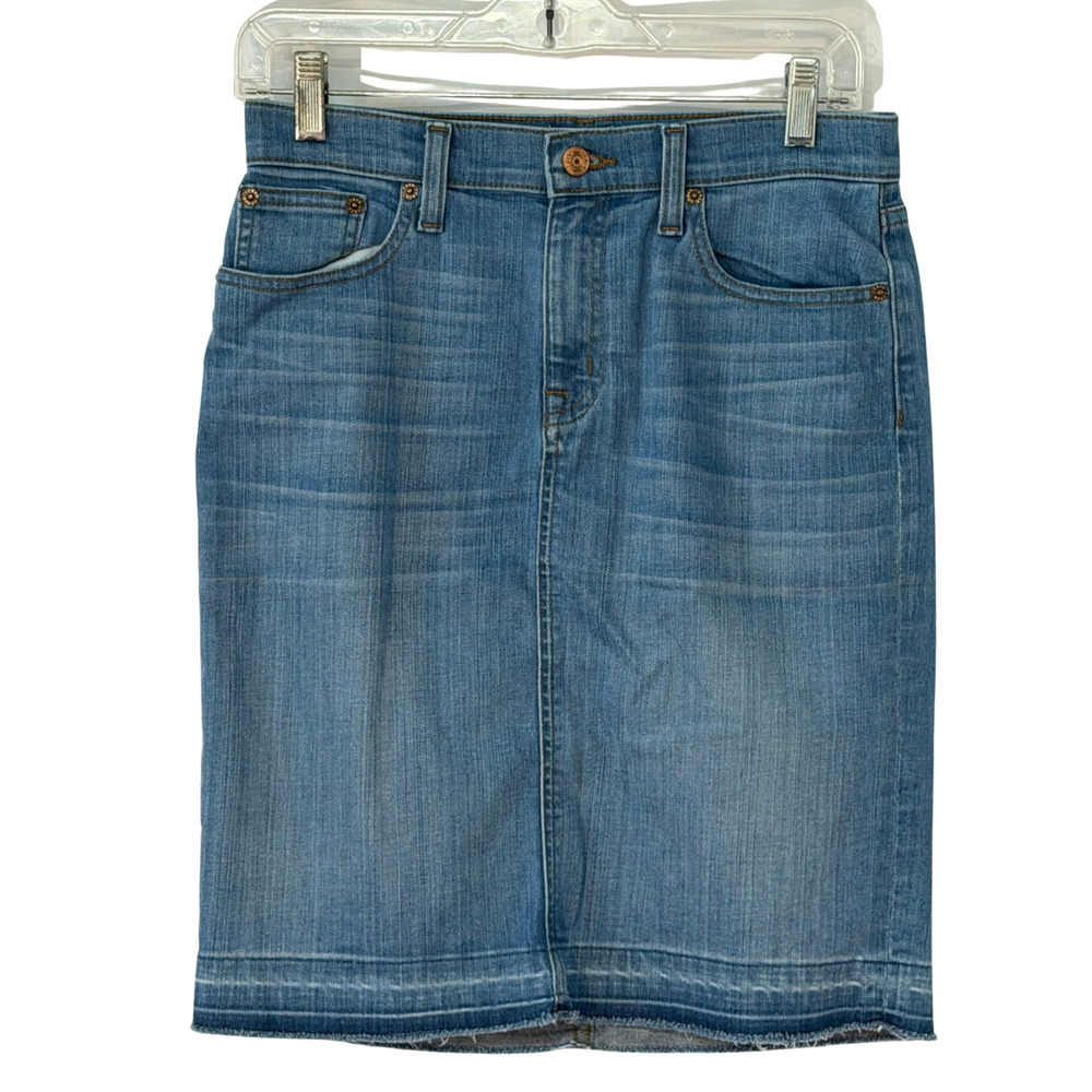 J. Crew Sz 2 Jeans Mini Skirt 20"L Distressed Denim Raw Hem 5 Pocket Style